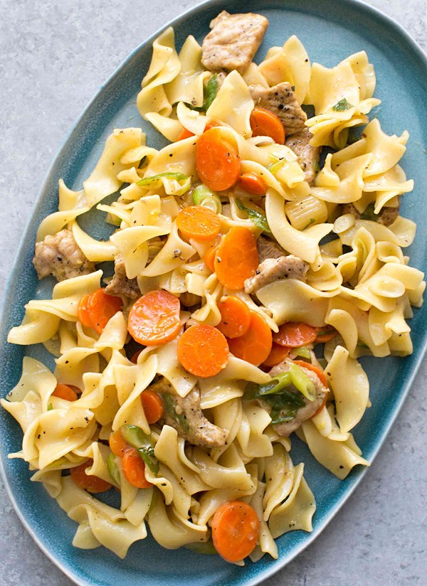 Citrus pork with egg noodles