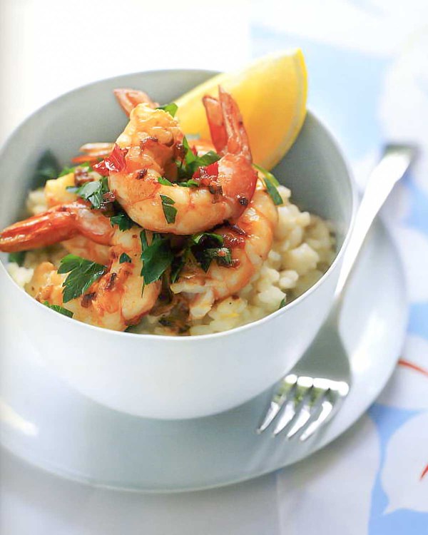 Citrus risotto with garlic-chile prawns