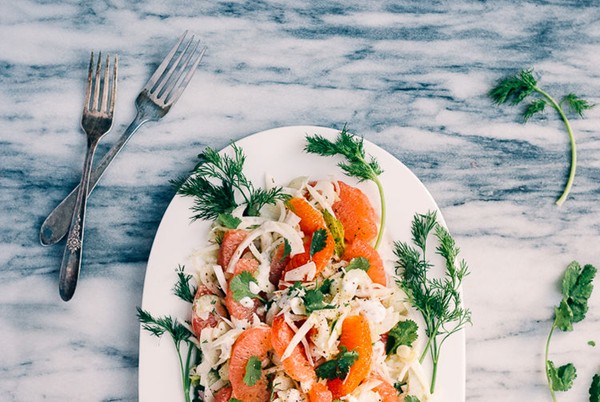 Citrus salad with shaved fennel, celery, and cilantro-yogurt dressing
