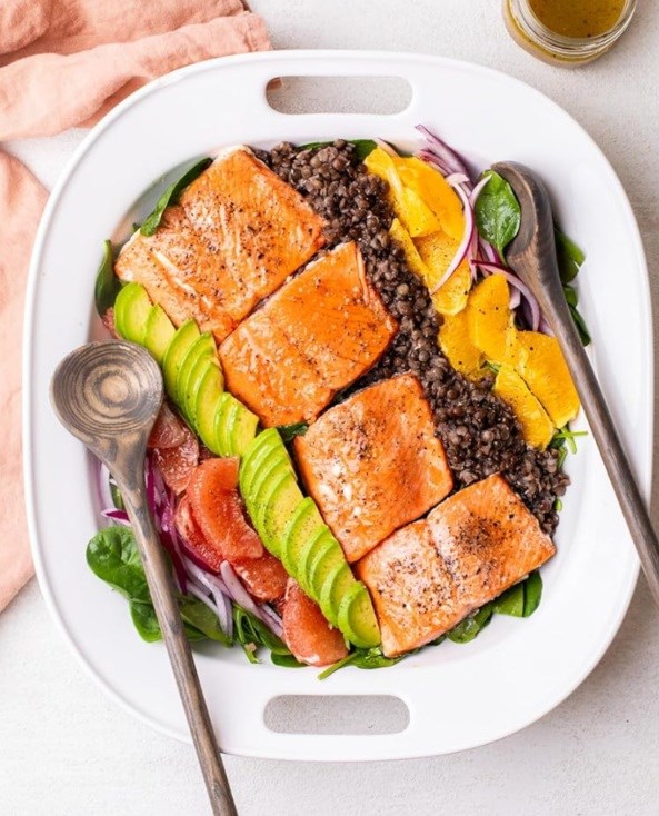 Citrus salmon and avocado lentil salad