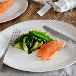 Citrus salmon confit with baby gem saute