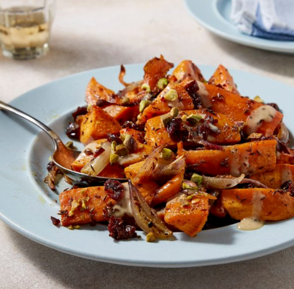 Citrus-sesame roasted sweet potatoes with pistachios