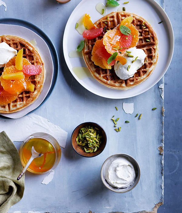Citrus waffles with honey labne