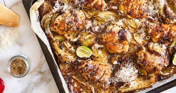 Citrusy chicken, fennel and potato tray bake