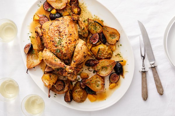 Citrusy roast chicken with pears and figs