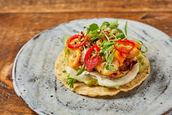  Clam and kumquat tostada with peanut salsa macha
