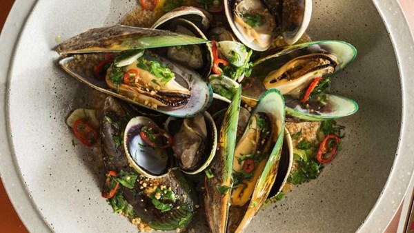 Clam and mussel pot with chilli garlic butter and toasted couscous