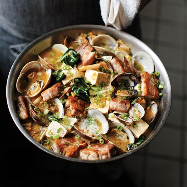 Clam-kimchi stew with pork belly and tofu