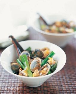 Clams and spring onions with miso and mustard sauce