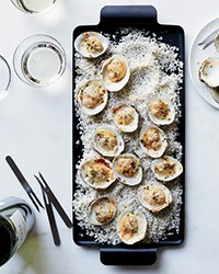Clams broiled with lemon, thyme and Parmesan