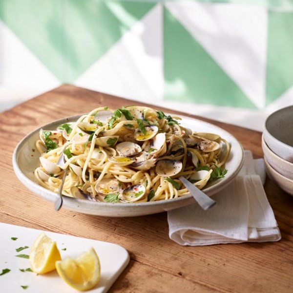 Clams, lovage, linguine