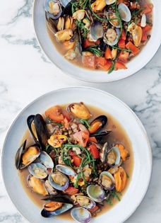 Clams, mussels, Puy lentils, coconut, samphire, tomato and shiitake mushrooms