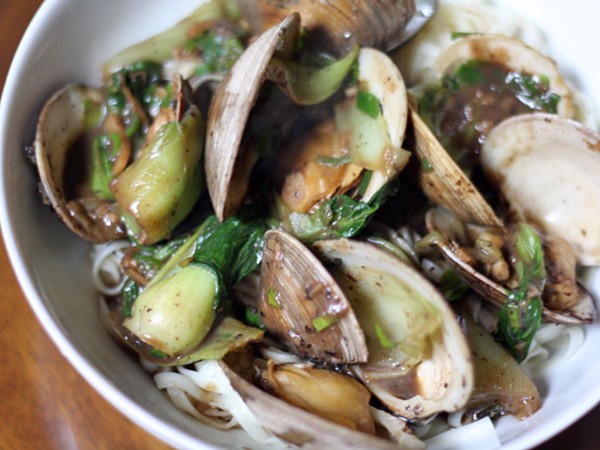 Clams with black bean sauce, bok choy, and noodles