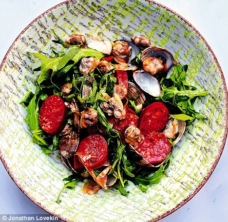 Clams with chorizo and rocket