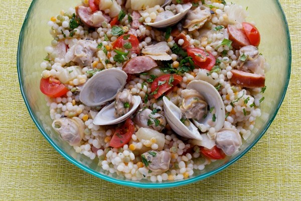 Clams with Israeli couscous, kielbasa and fennel