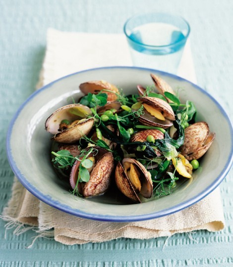 Clams with pea shoots and wild garlic