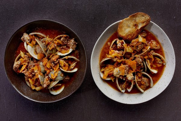 Clams with sausage and kimchi