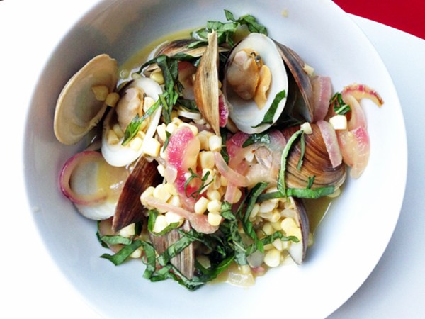 Clams with white wine, sweet corn, and basil