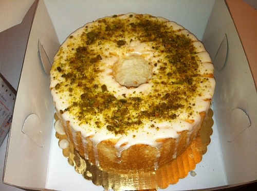 Classic angel food cake with passion fruit drizzle