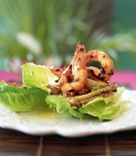 Classic Caesar salad with grilled chilli prawns