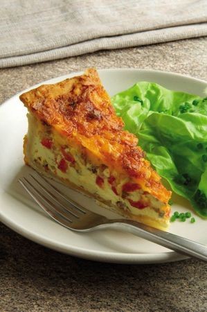 Classic French quiche with chorizo and roasted peppers