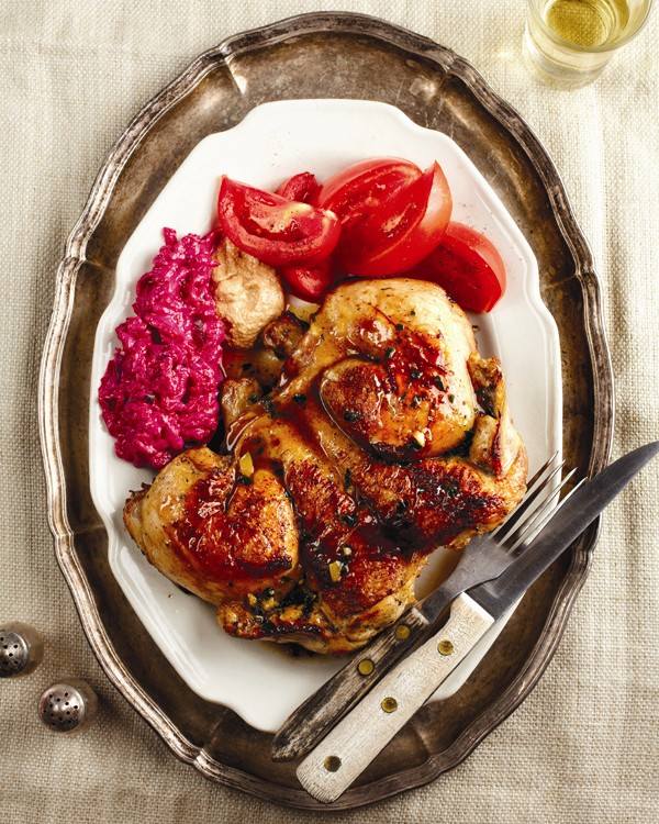 Classic Georgian "pressed" chicken with walnut and beet sauces