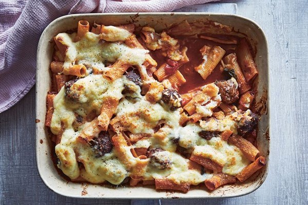 Classic pasta al forno with sausage polpette