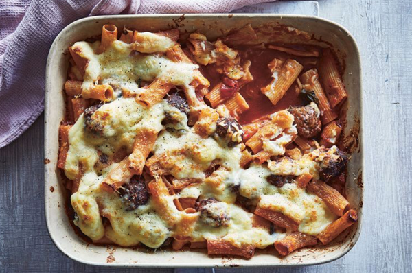 Classic pasta al forno with sausage polpette