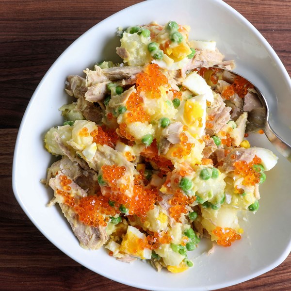 Classic potato salad with crunchy trout roe