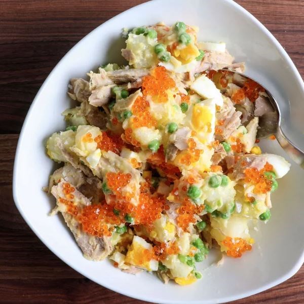 Classic potato salad with crunchy trout roe (Ensaladilla rusa con huevas de trucha)