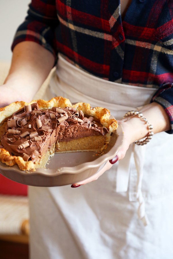 Classic pumpkin pie with chocolate whip
