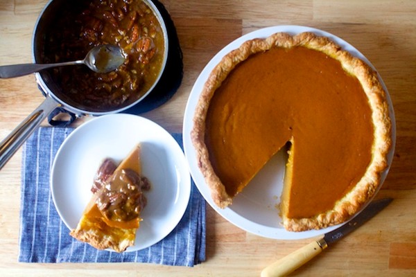 Classic pumpkin pie with pecan praline sauce
