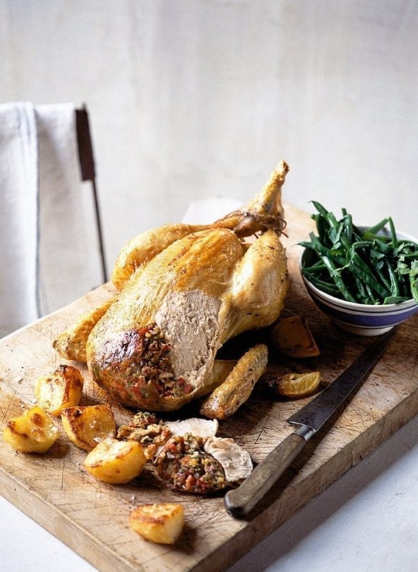 Classic roast chicken with chorizo and red onion stuffing
