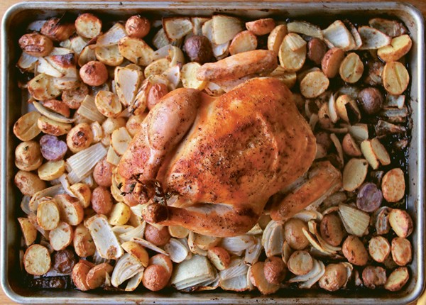 Classic roast chicken with mustardy potatoes
