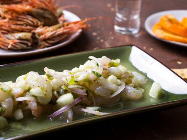 Classic shrimp aguachile with lime, cucumber, and red onion