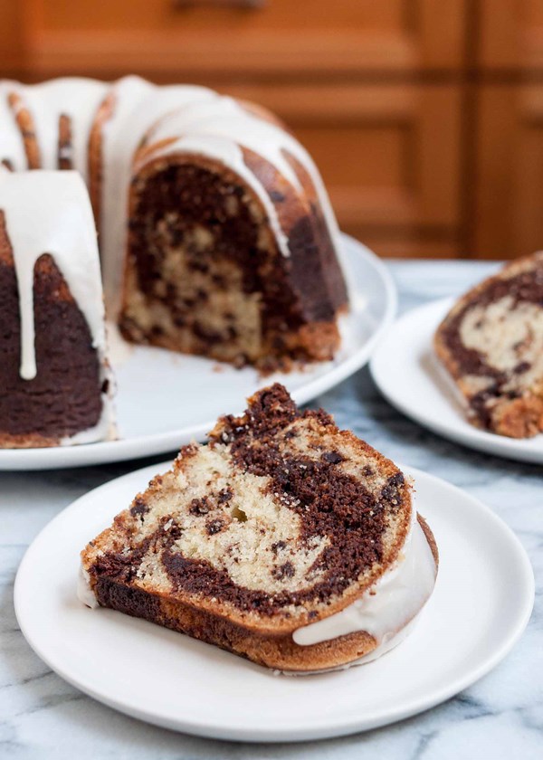 Classic vanilla and chocolate marbled bundt cake