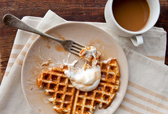 Classic waffles with salted caramel sauce