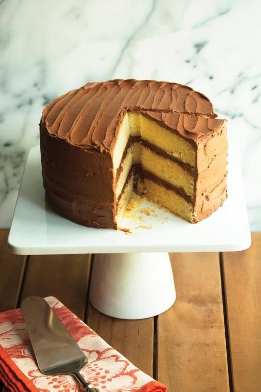 Classic yellow cake with whipped chocolate frosting