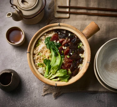 Claypot rice with sausage and bacon (bo zai fan)
