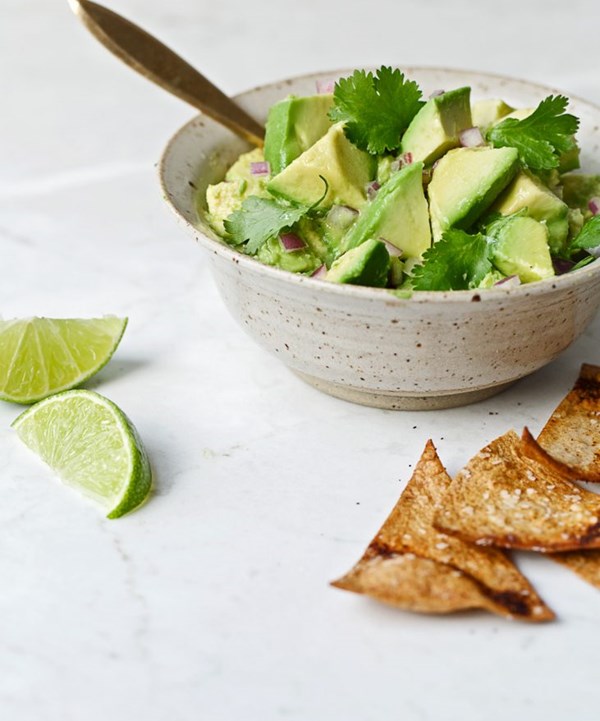Clean green guacamole and homemade chili-lime chips