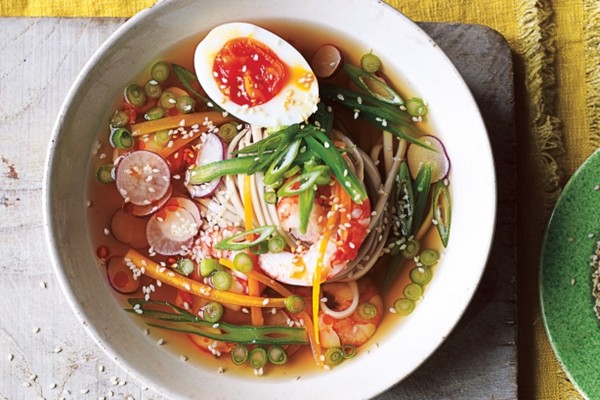 Clear Asian noodle soup with prawns