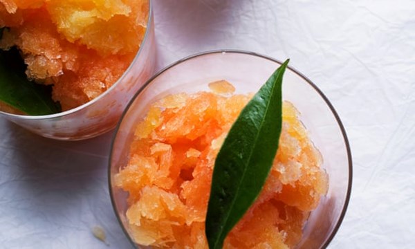 Clementine, passion fruit and Campari water ice