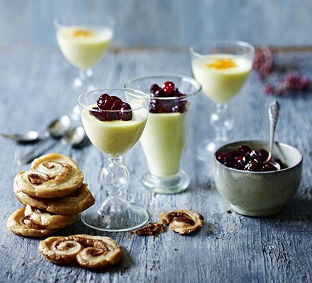 Clementine possets with cranberry compote & cinnamon palmiers