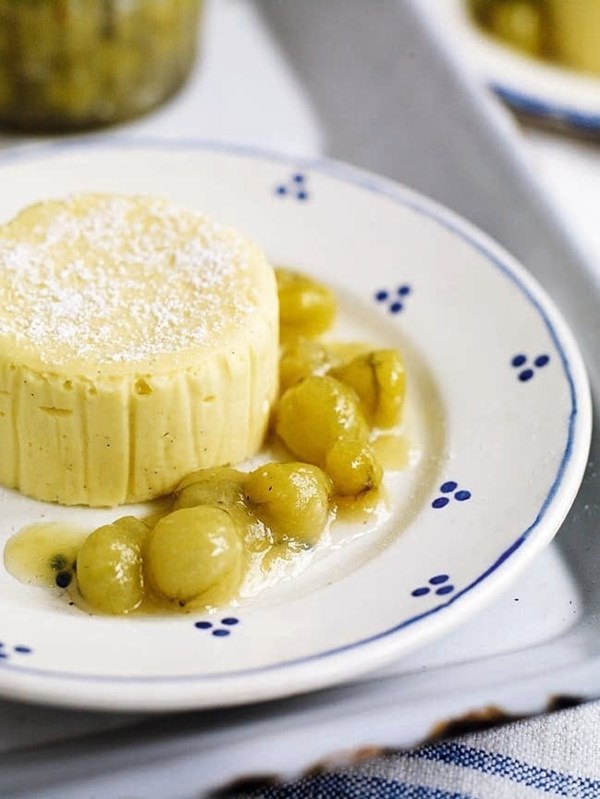 Clotted cream and vanilla cheesecakes with gooseberry compote