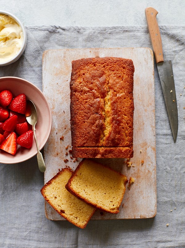 Clotted cream loaf cake with strawberries