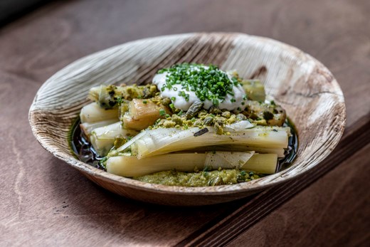 Coal roast leeks with pistachio romesco