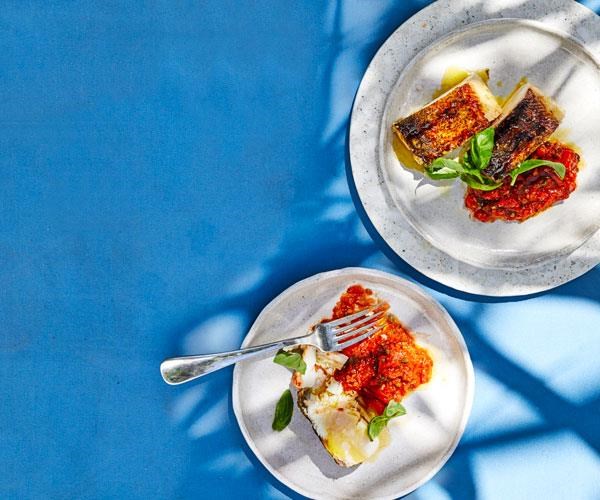 Cobia fillet with puttanesca salsa