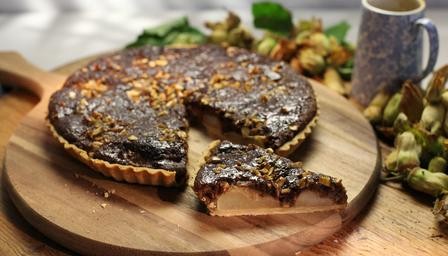 Cobnut, pear & sticky toffee tart