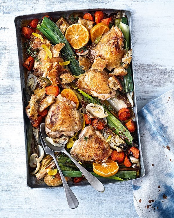 Cock-a-leekie traybake with croutons 