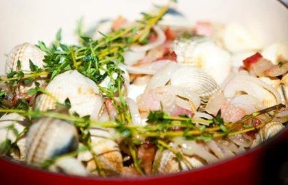 Cockles cooked in white wine with shallots, pancetta and basil
